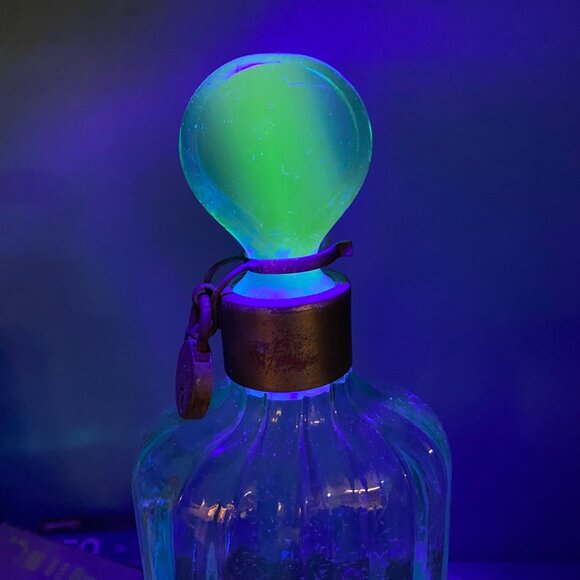 Vtg Blue Glass Apothecary Liquor Bottle UV Reactive Metal Locking Collar Stopper - Picture 2 of 16
